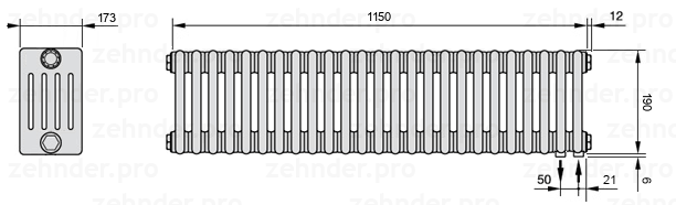 Схема (чертеж) Радиатор Zehnder Charleston 5019/25 №5510 Белый глянцевый RAL 9016